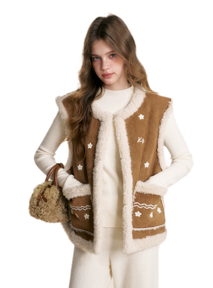 Shearling Floral Embroidered Vest