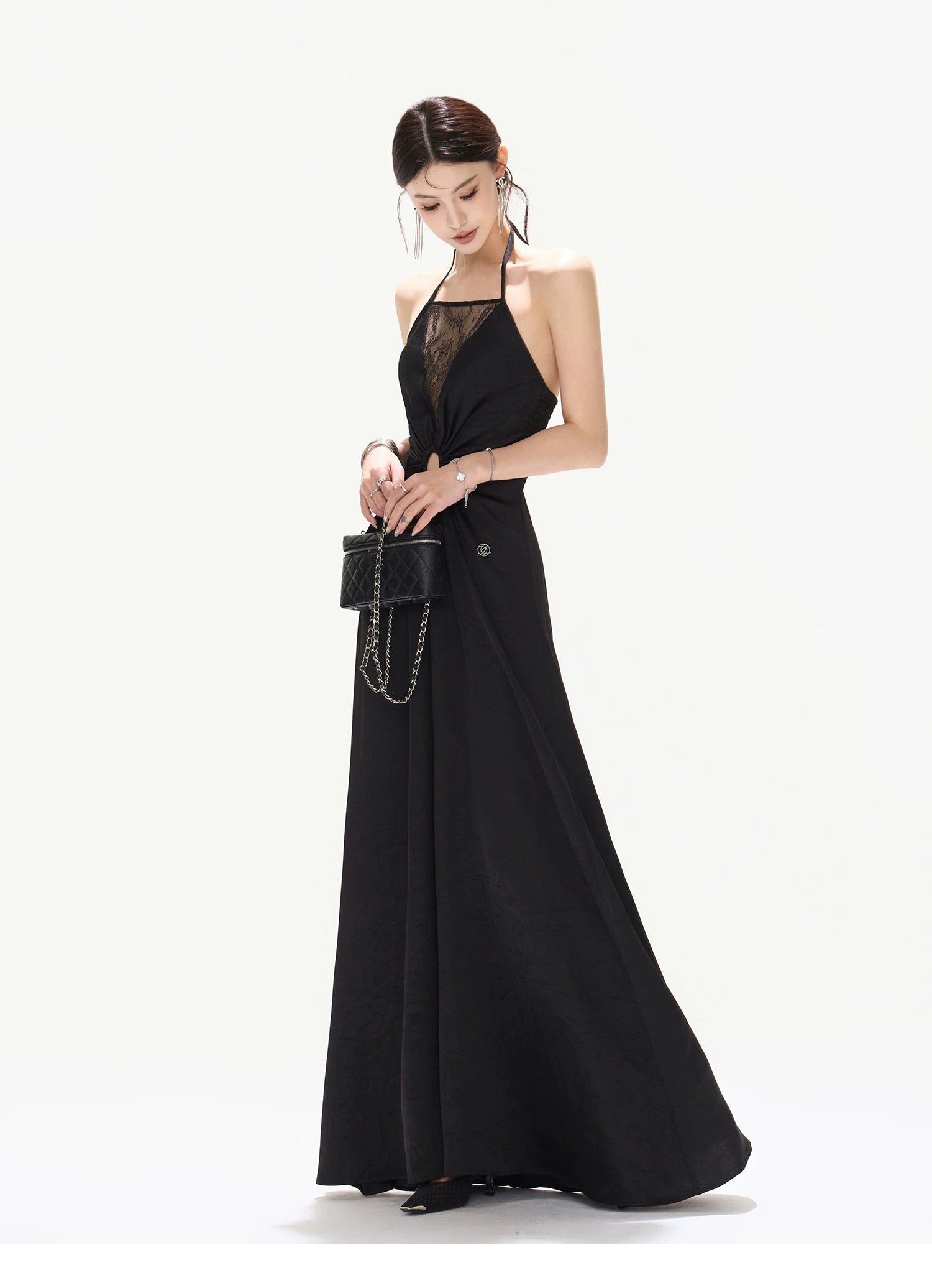 Mesh Lace Deep V Halter Dress with Satin