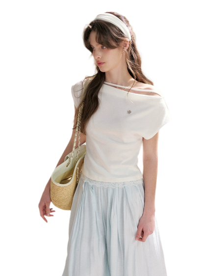 Lace Trim Asymmetric Short Sleeve T-Shirt