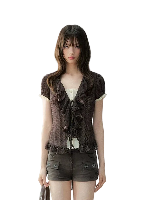 Vintage Ruffle Lace Waist-Tie Puff Sleeve Shirt