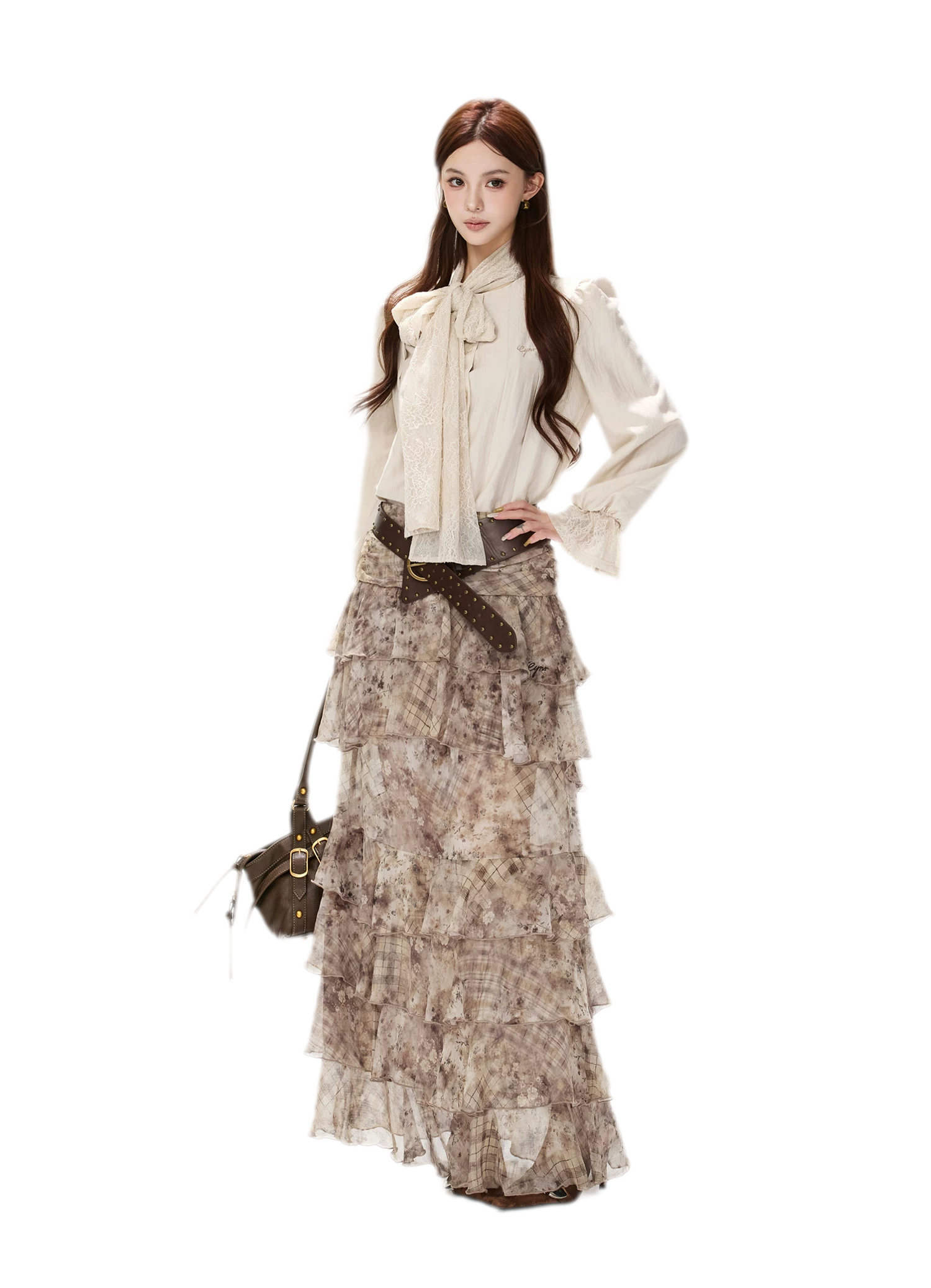 Vintage Ruffle Chiffon Maxi Skirt
