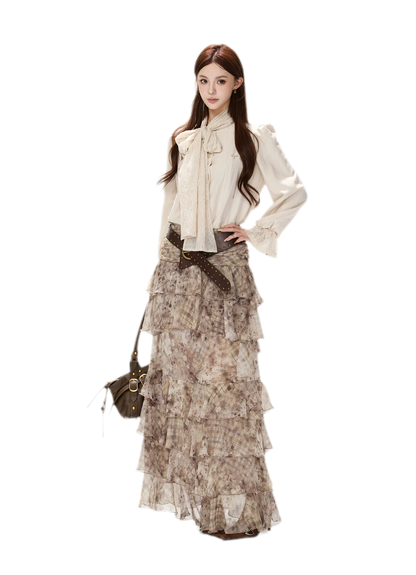 Vintage Ruffle Chiffon Maxi Skirt