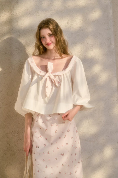 Floral Puff-Sleeve Blouse Skirt Set