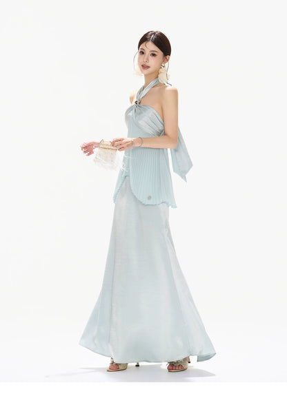 Misty Blue Pleated Halter Satin Long Dress