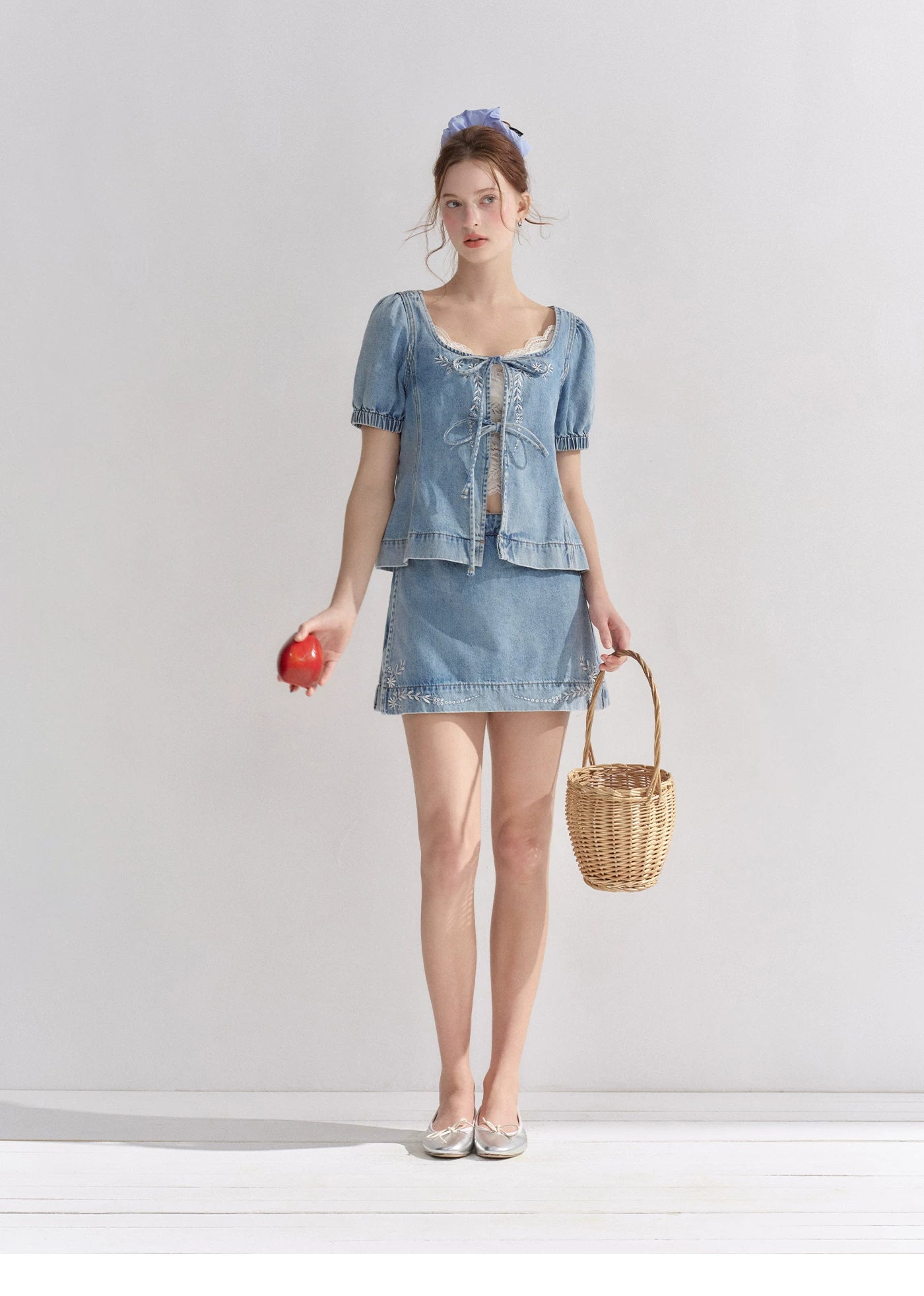 Floral Embroidered Tie Denim Top &amp; Skort Set
