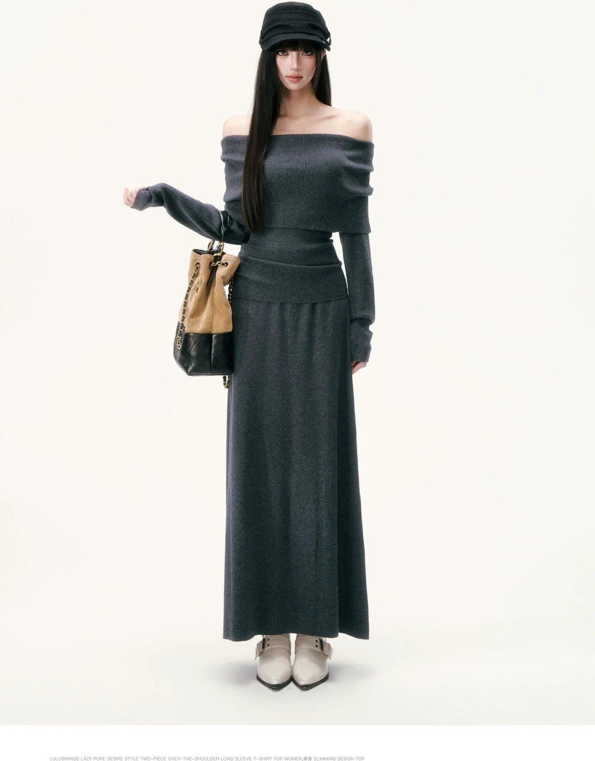 Wool Blend Off-Shoulder Skirt Set