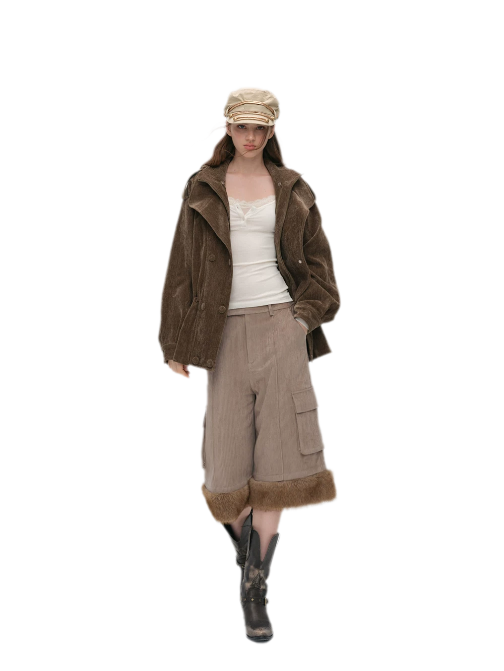 Chenille Cargo Cropped Wide-Leg Pants