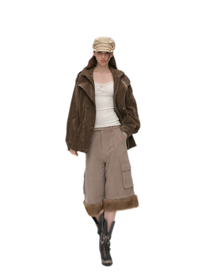 Chenille Cargo Cropped Wide-Leg Pants