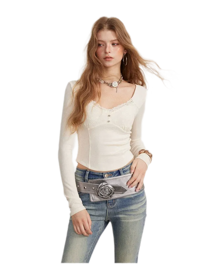 Lace Panel Cropped Long-Sleeve Top