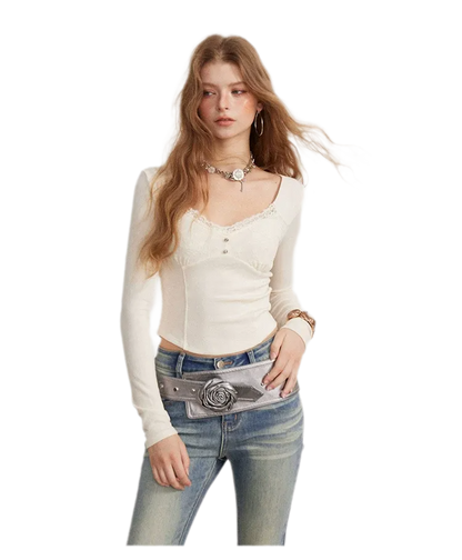 Lace Panel Cropped Long-Sleeve Top