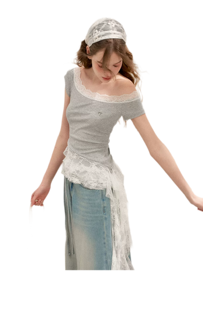 Asymmetric Lace Off-Shoulder T-Shirt