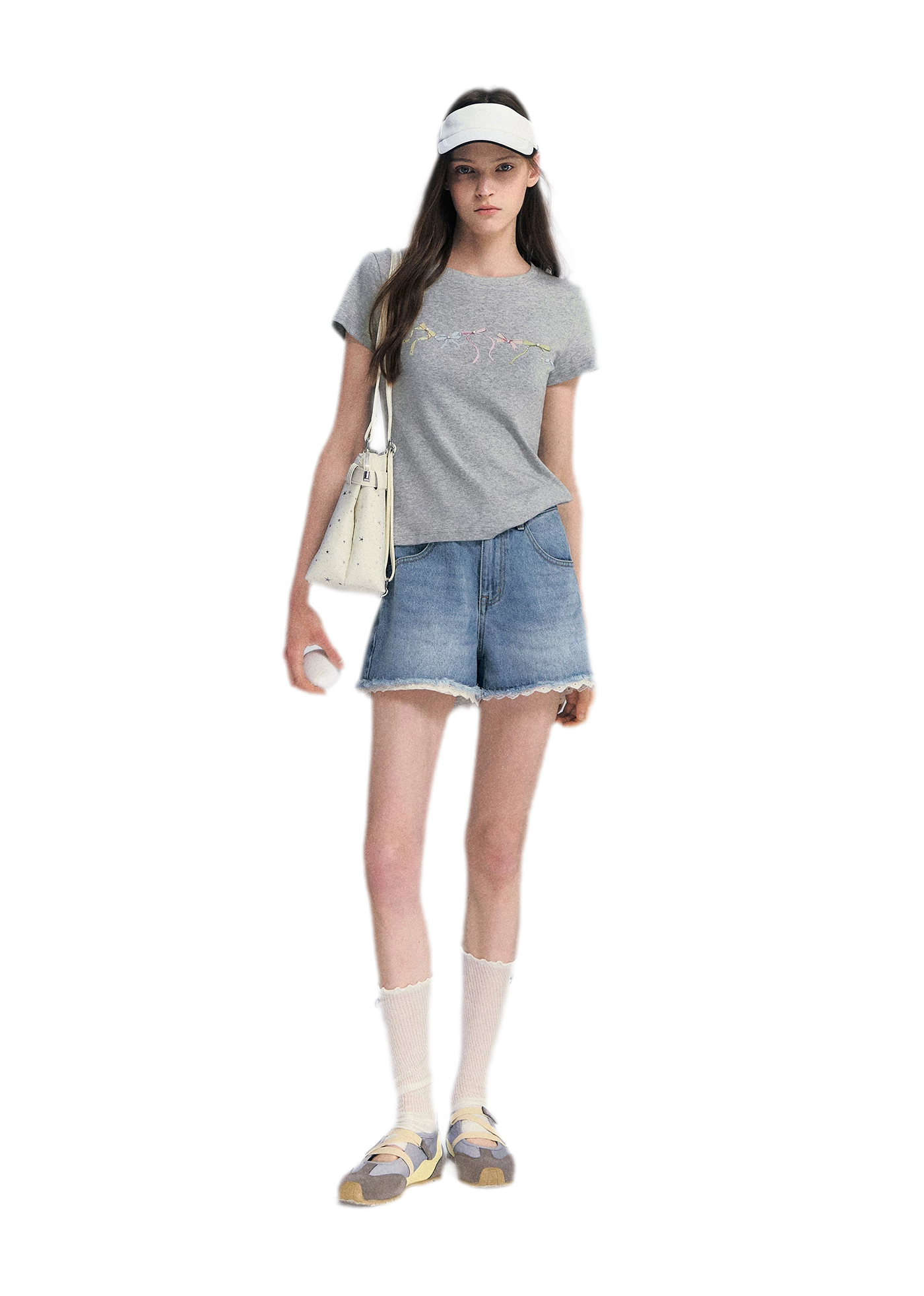Lace Trim Washed Denim Shorts
