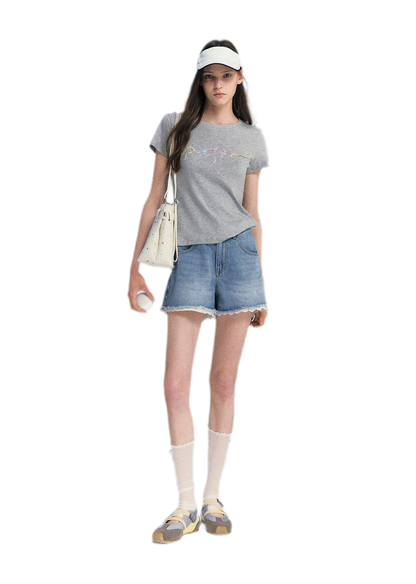 Lace Trim Washed Denim Shorts