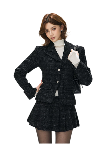 Tweed Jacket Pleated Skirt Set