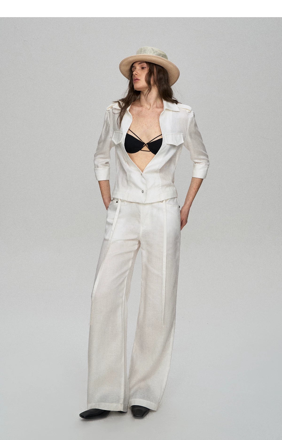 Tencel Linen Cool-Feel Mid-Sleeve Shirt &amp; High-Waist Wide-Leg