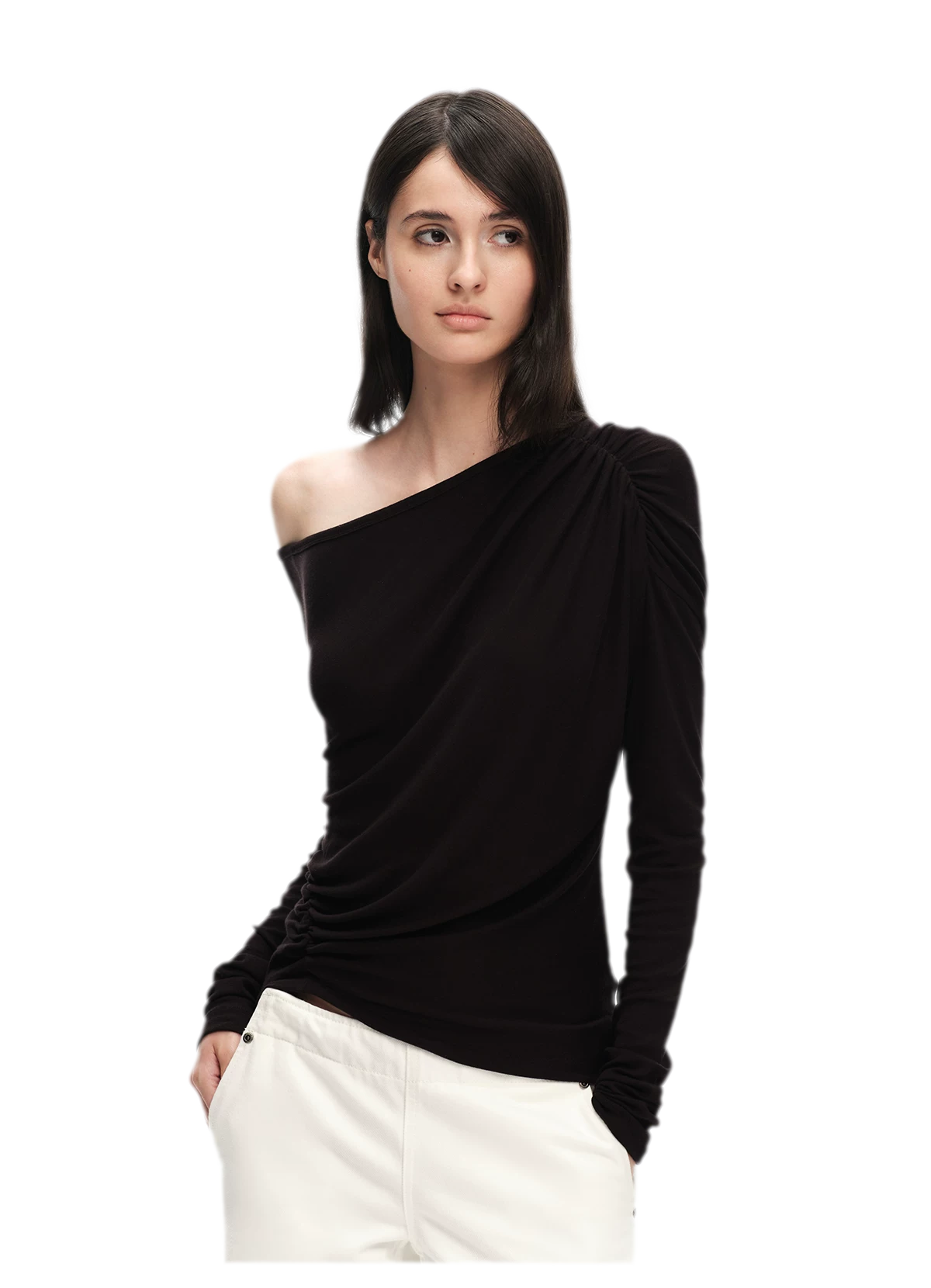 Wool Lyocell Ruched Shoulder Top