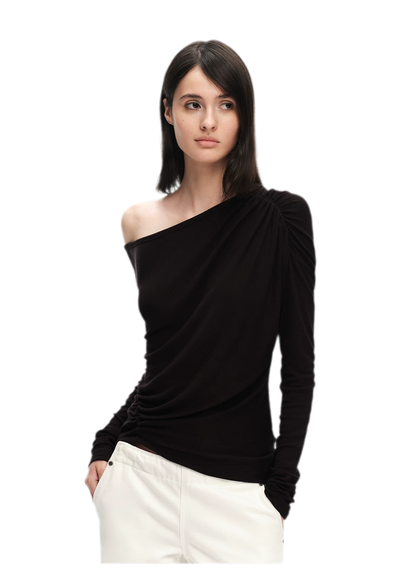 Wool Lyocell Ruched Shoulder Top