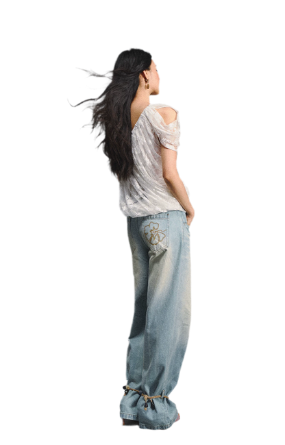 Lace Ruched Asymmetric Top