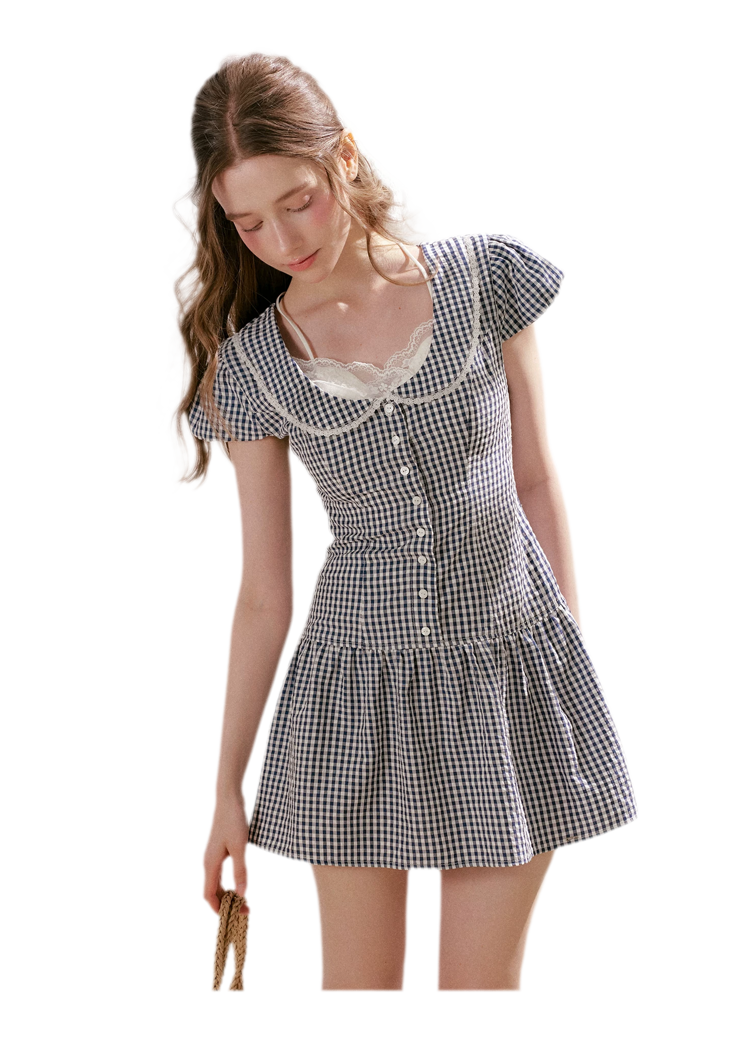 Tencel Cotton Lace Vintage Plaid Short Sleeve Dress