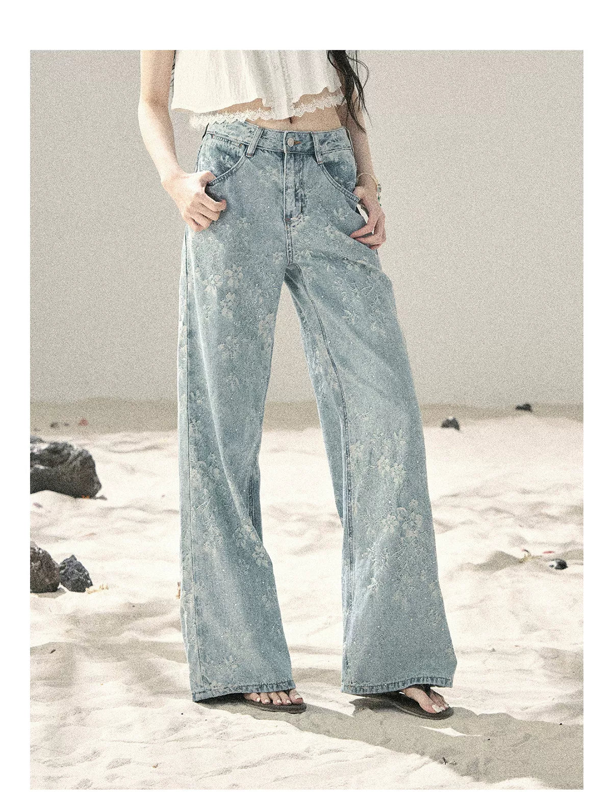 American Style Rhinestone Floral Denim Pants