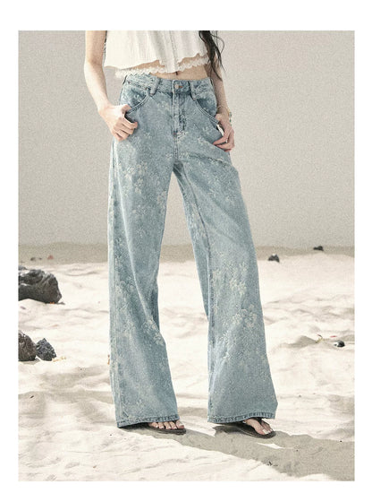 American Style Rhinestone Floral Denim Pants
