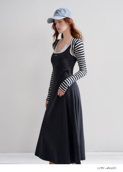 Contrast Color U-Neck Halter Knit Long Dress