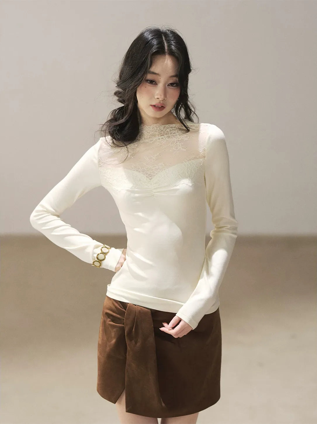 Sheer Lace Mock Neck Top