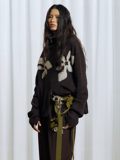 Appliqué Zip-Up Knit Jacket