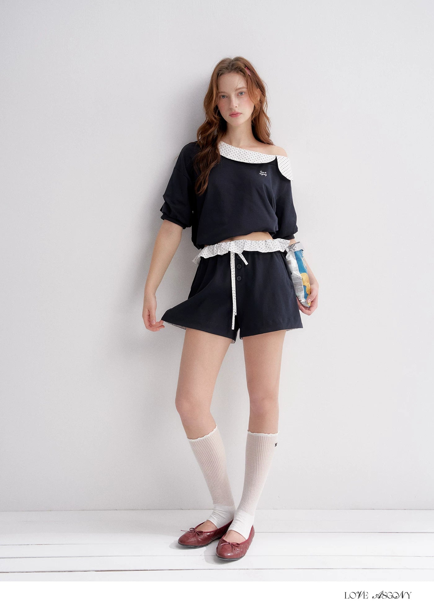 Vintage Polka Dot Asymmetric Short Sleeve Sweatshirt