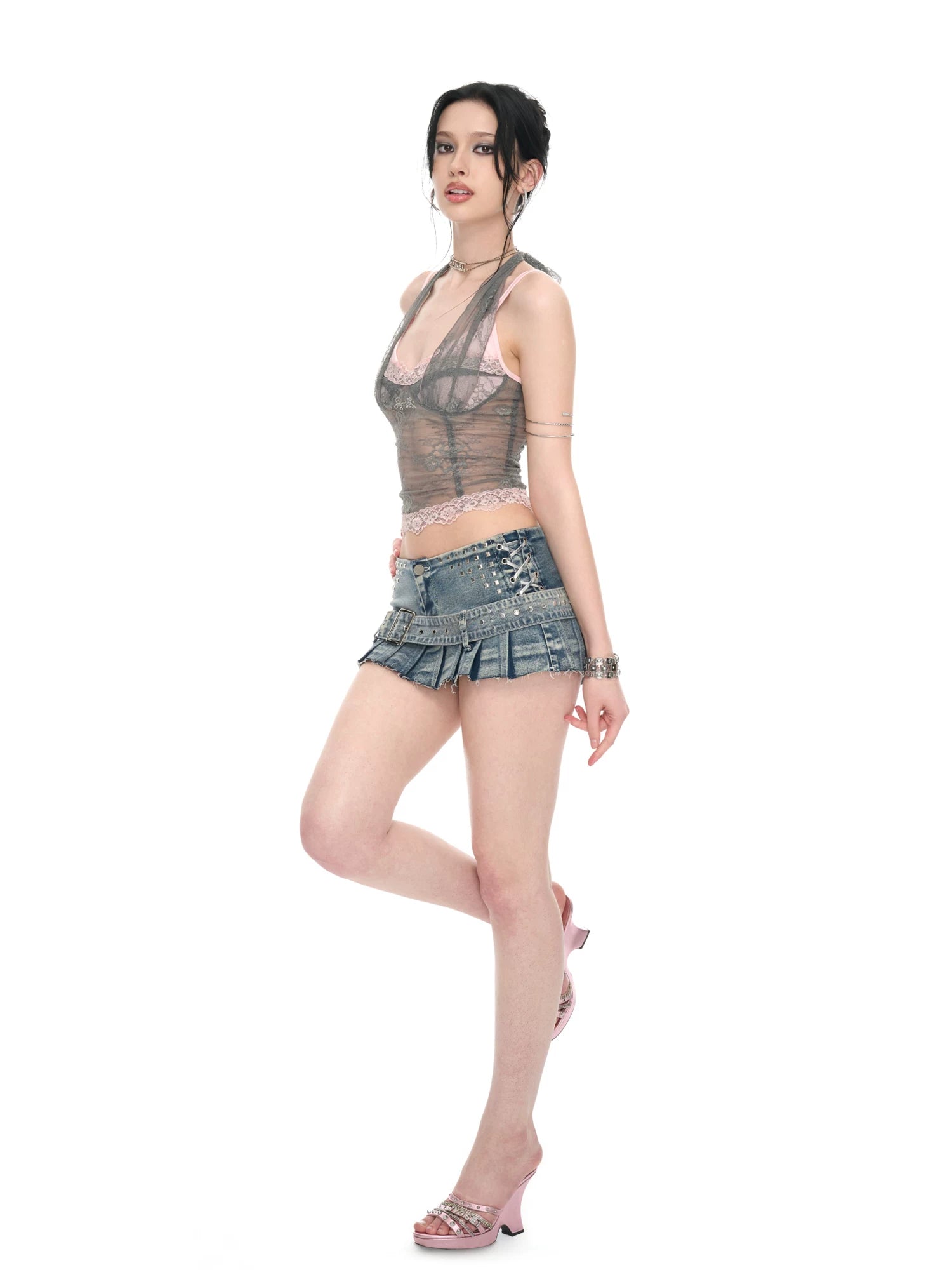 Gray Pink Lace Halter Neck Fitted Top