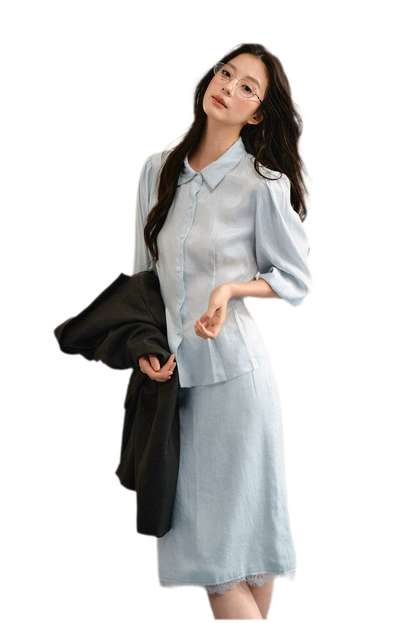 Linen Bubble Sleeve Top Skirt