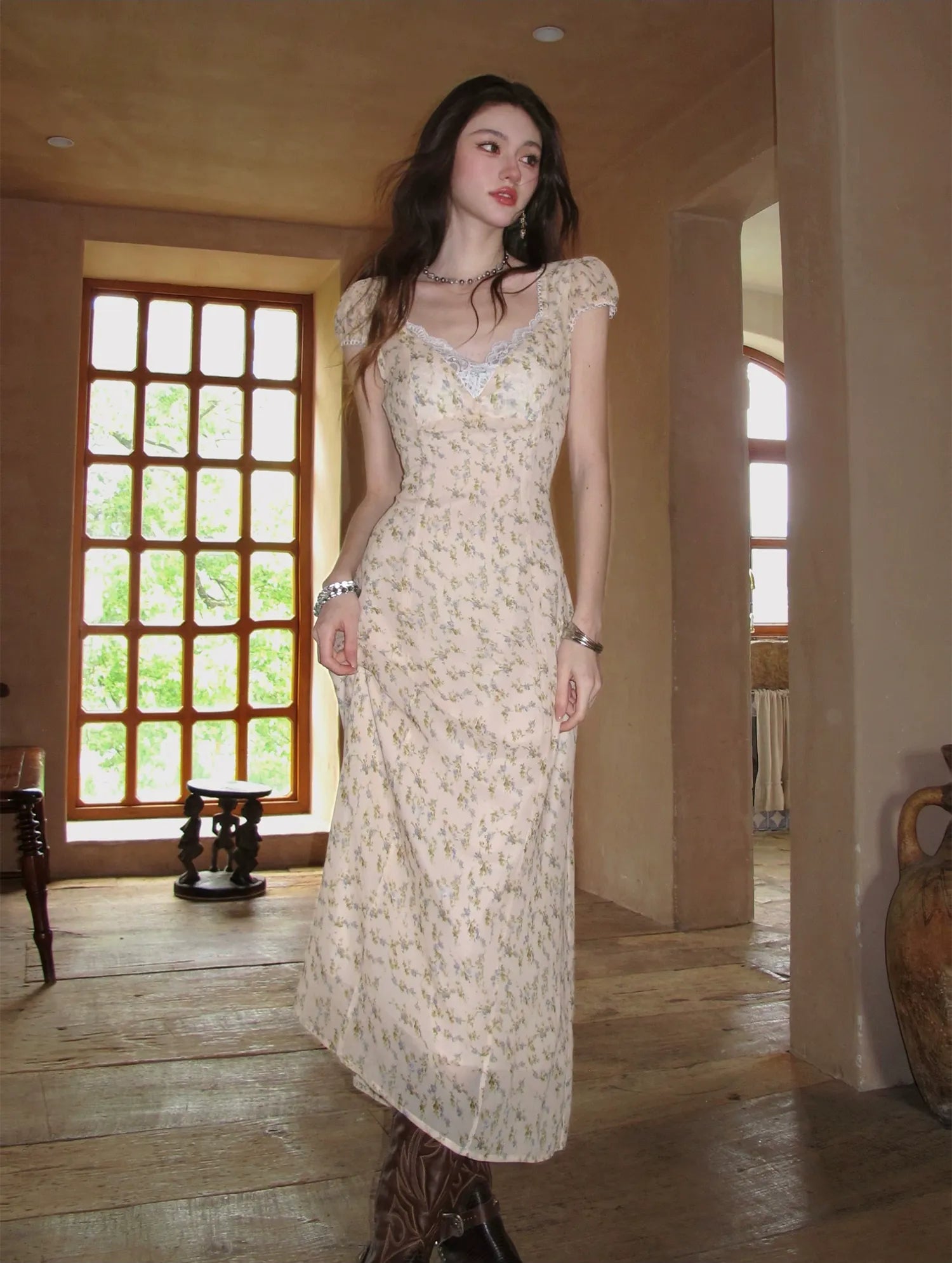 Lace V-Neck Long Dress