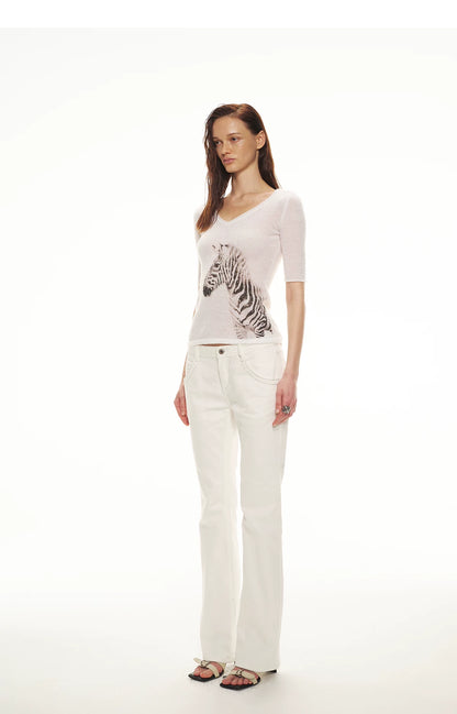 Stylish Zebra Print V-Neck Mohair Wool Blend Sweater