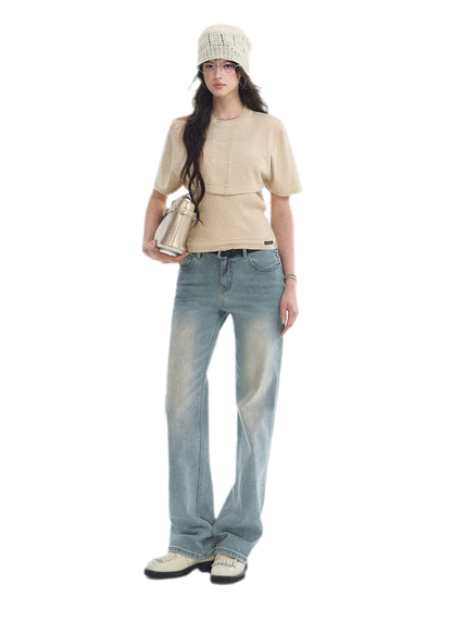 Washed Bow Embroidery Jeans