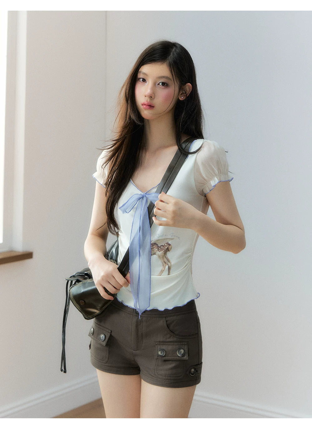 Korean Lyocell Deer Print Ribbon T-Shirt