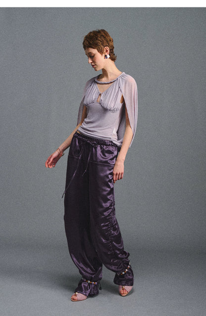 Satin Jogger Pants with Beaded Drawstring