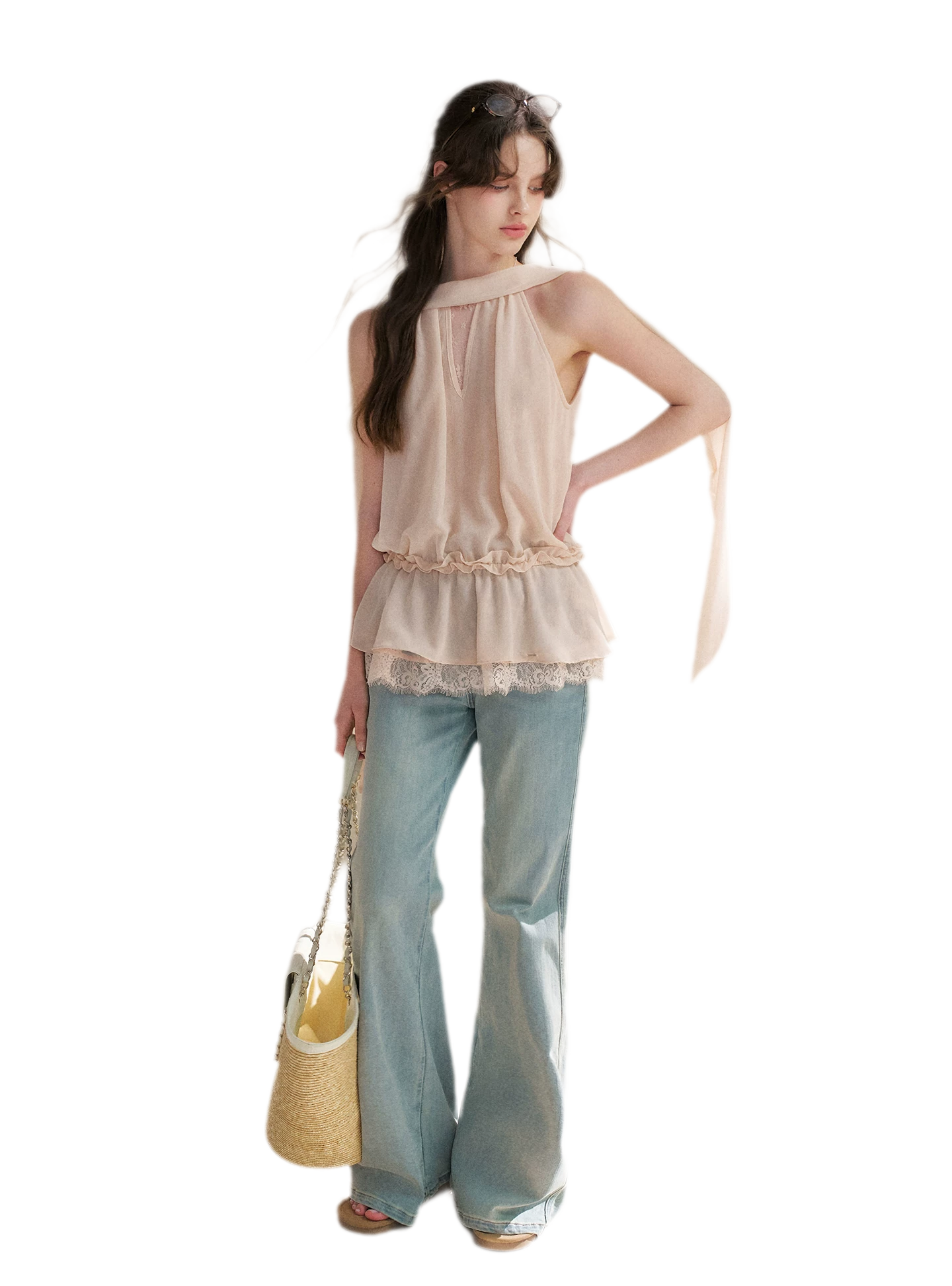 Chiffon Lace Halter V-Neck Blouse