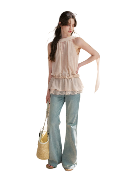 Chiffon Lace Halter V-Neck Blouse