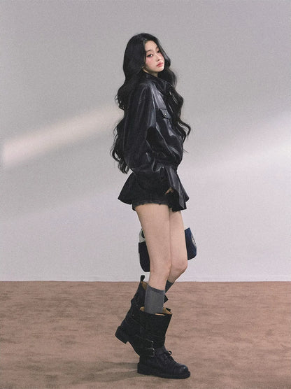 Faux Leather Stand Collar Jacket