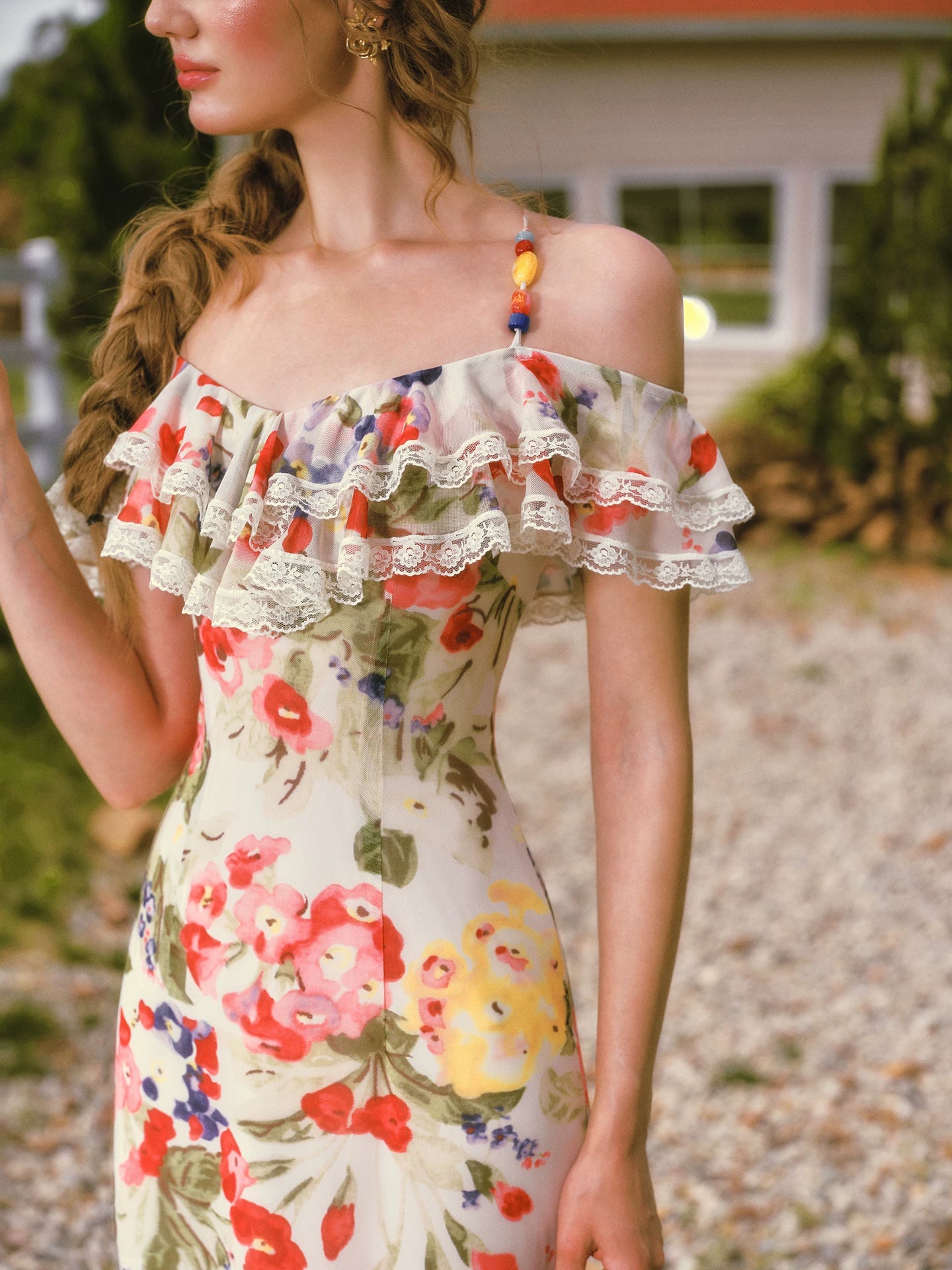 Floral Ruffle Mesh Maxi Dress