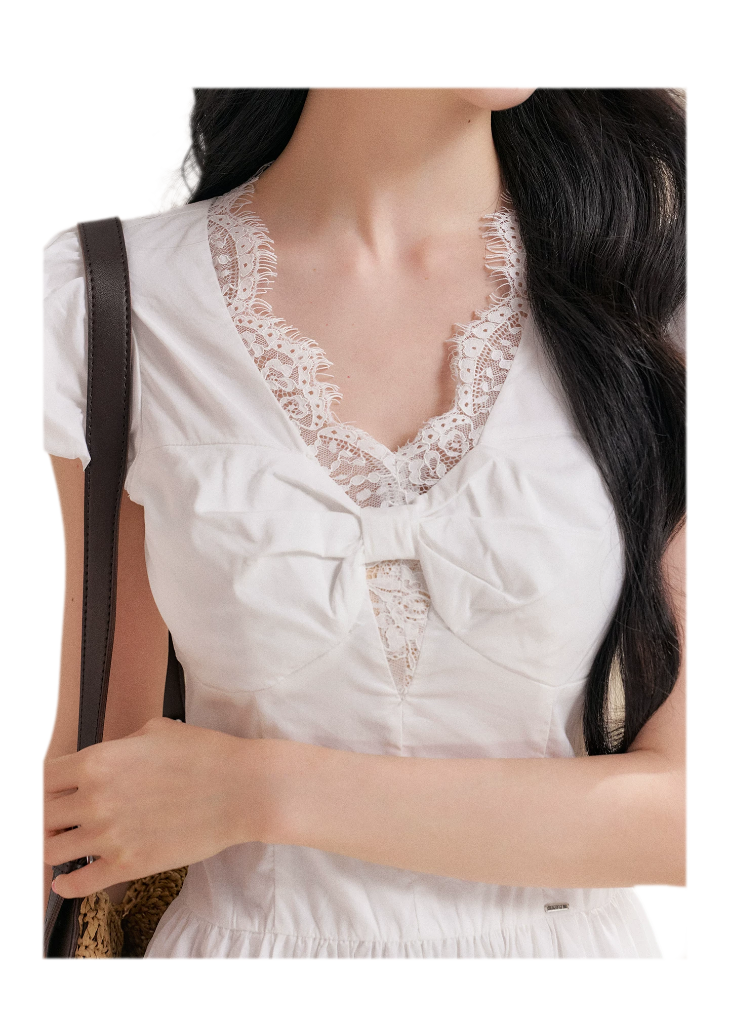 Knot Design French Lace Puff Sleeve A-Line Dress