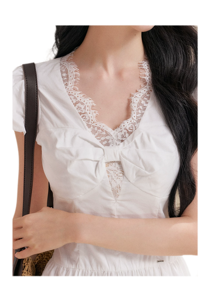 Knot Design French Lace Puff Sleeve A-Line Dress