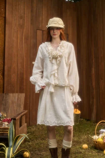 Embroidered Ruffle Blouse Skirt Set