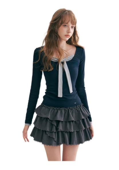 Striped Faux-Layer Fitted Top