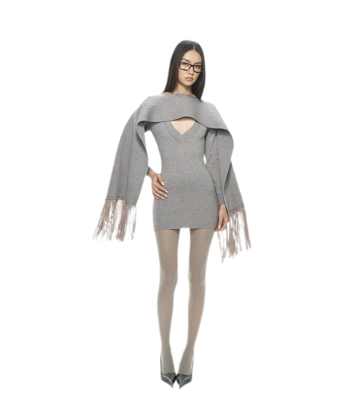 Deep V Fringe Knit Dress