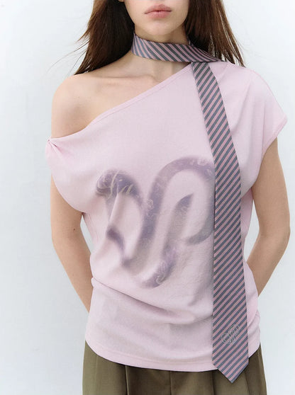 Asymmetric Shoulder Heart Logo Ruched Waist T-shirt