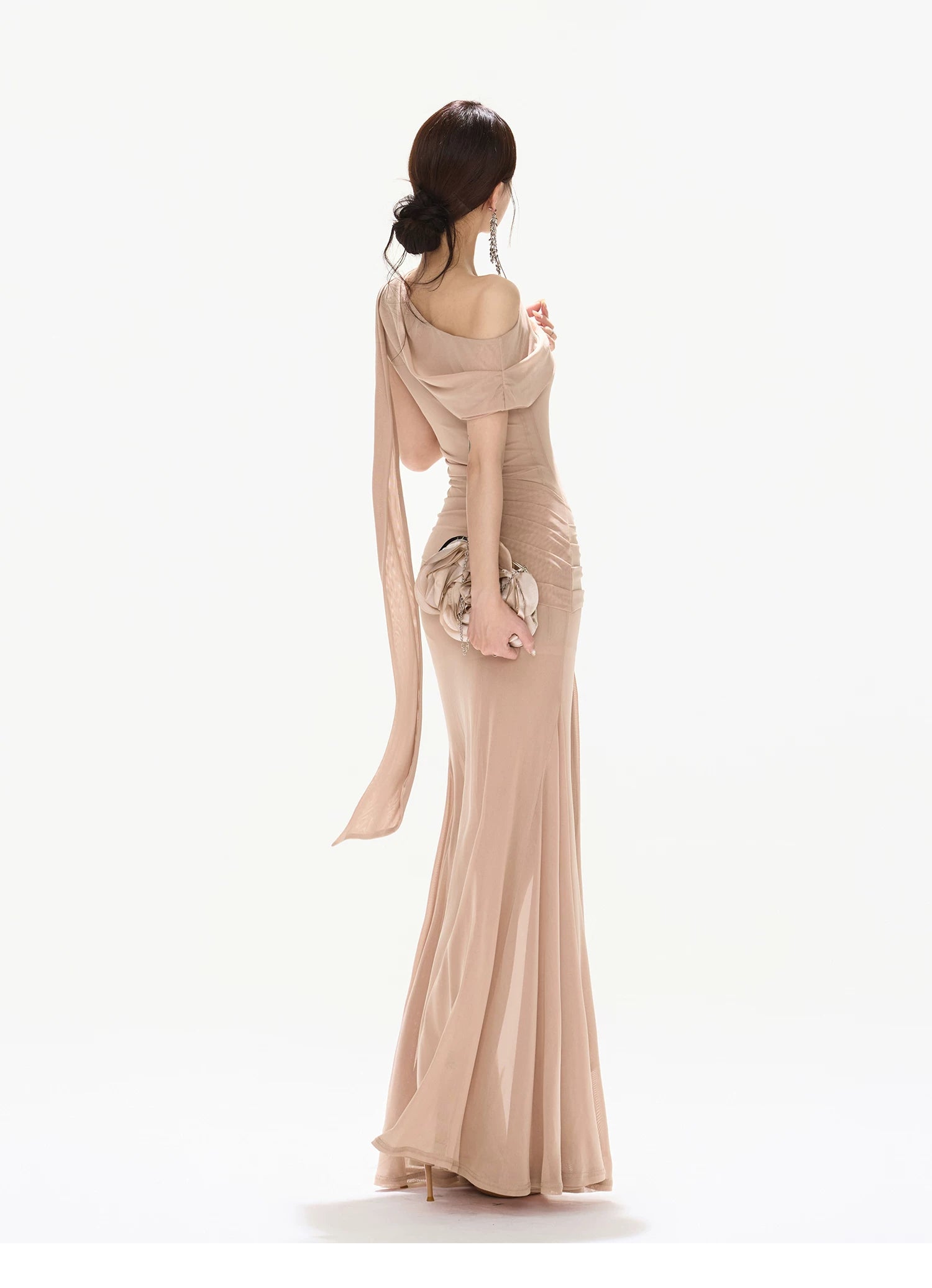 Asymmetric Off-Shoulder Mesh Long Dress