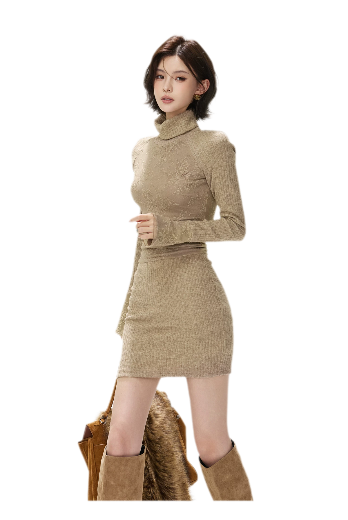 Lace Panel Ribbed Mini Dress