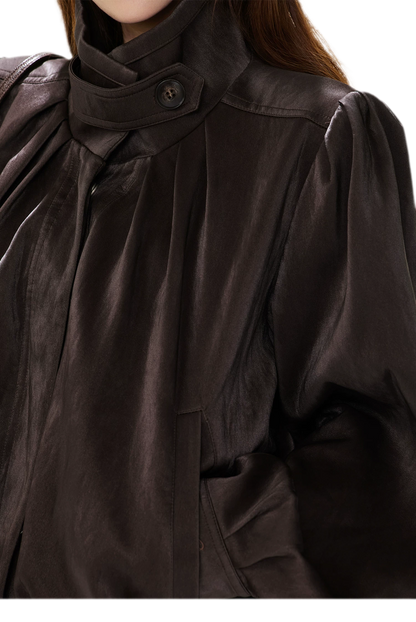 Veste courte froncée en cuir PU