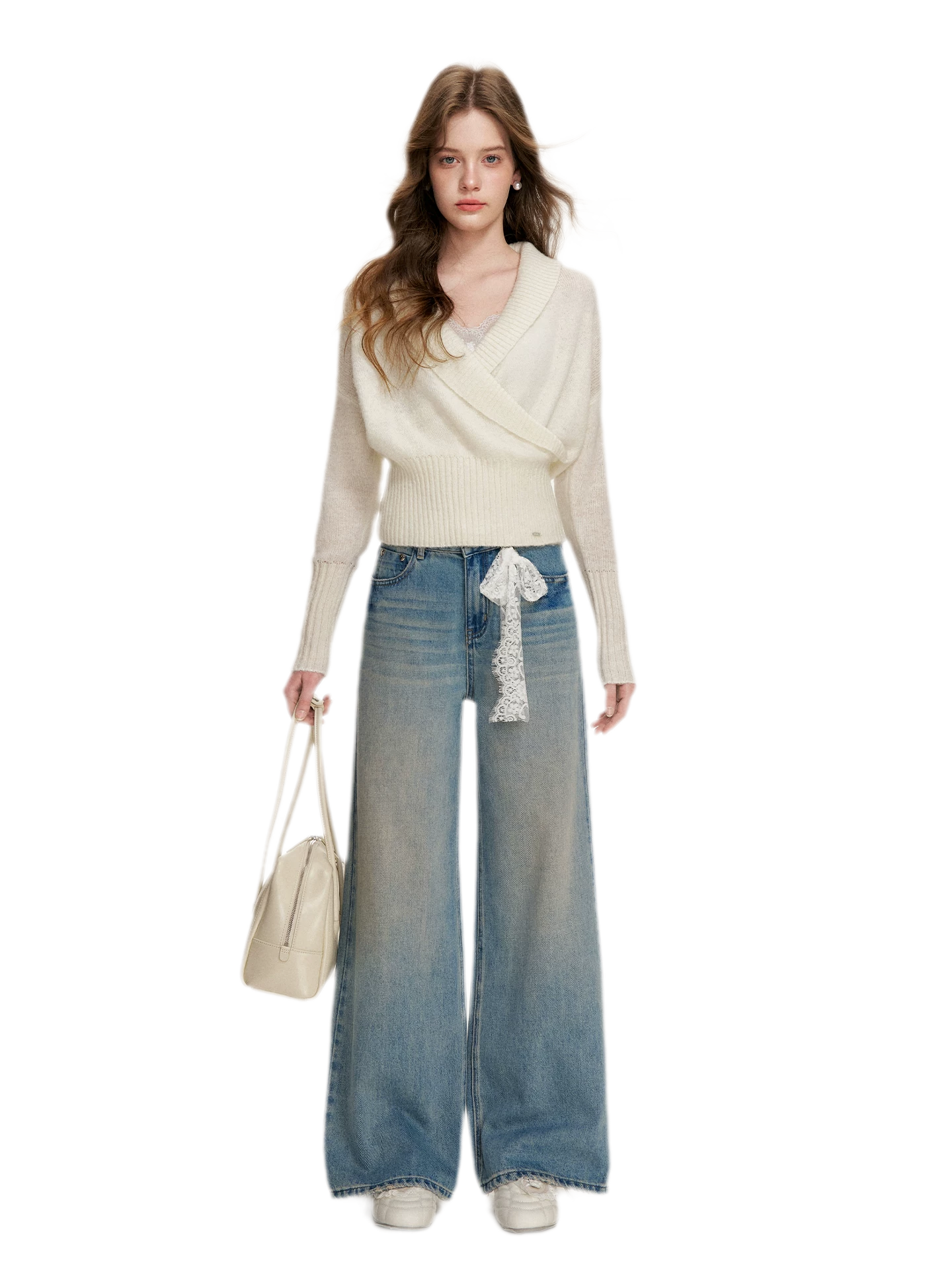 Lace-Trimmed Wide-Leg Denim Pants